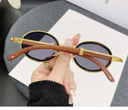 Oval Wooden Diamond Sunglasses – Luxury Vintage UV400 Shades
