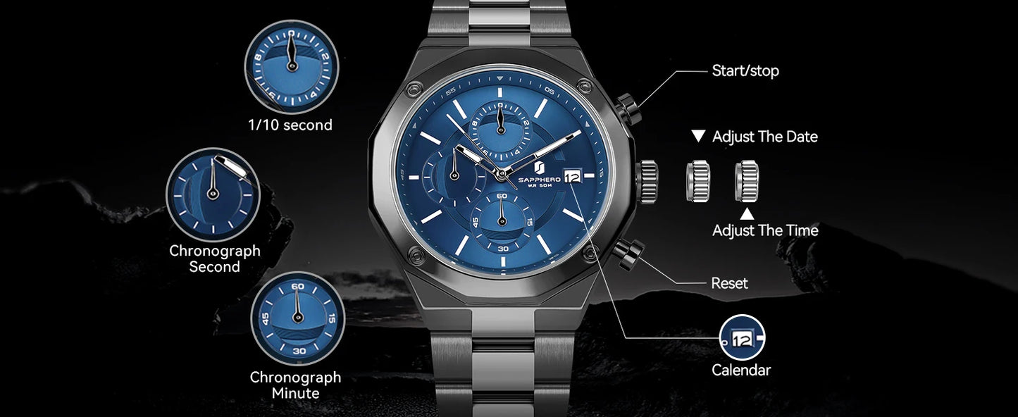Montre homme SAPPHERO – Chronographe sport de luxe, mode et étanche, idéale en cadeau