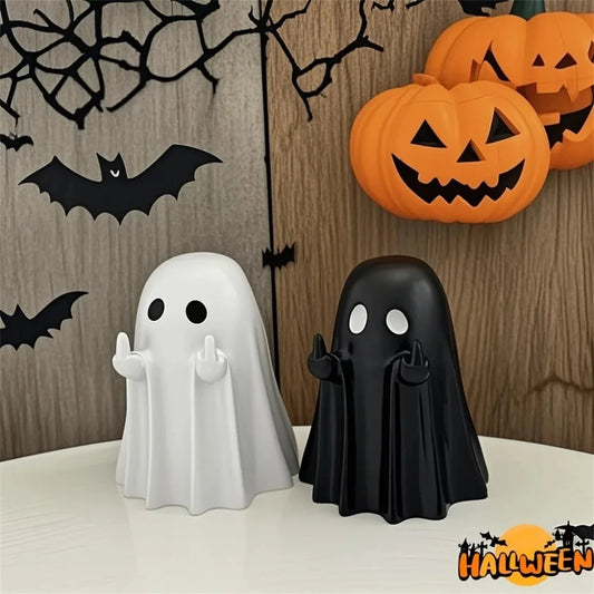 Halloween Ghost Figurine with Middle Finger – Small Resin Spooky Statue for Coffee Table, Shelf Display, or Halloween Centerpiece