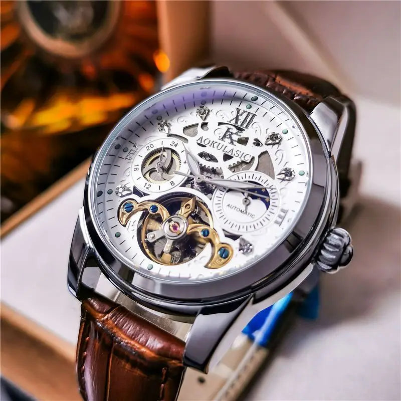 Montre homme tourbillon automatique – Mécanique pure, sertie de diamants, avec phase de lune et étanchéité
