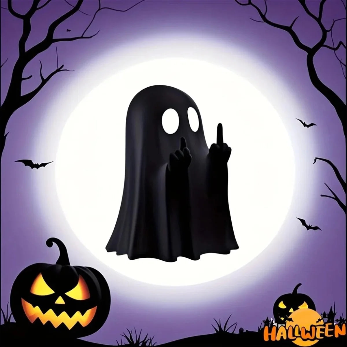 Halloween Ghost Figurine with Middle Finger – Small Resin Spooky Statue for Coffee Table, Shelf Display, or Halloween Centerpiece