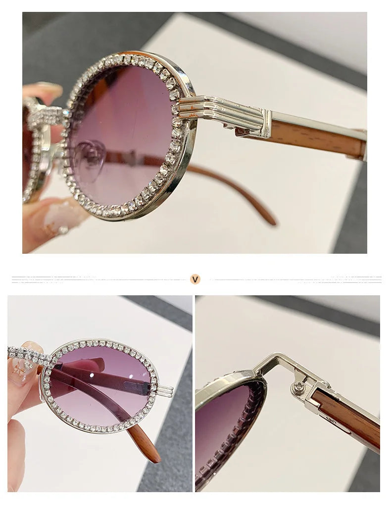 Oval Wooden Diamond Sunglasses – Luxury Vintage UV400 Shades