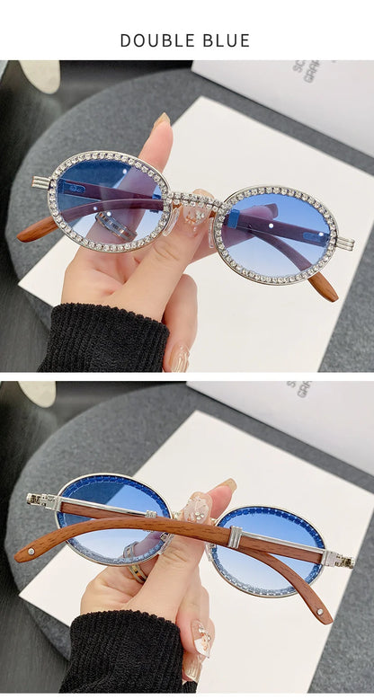 Oval Wooden Diamond Sunglasses – Luxury Vintage UV400 Shades