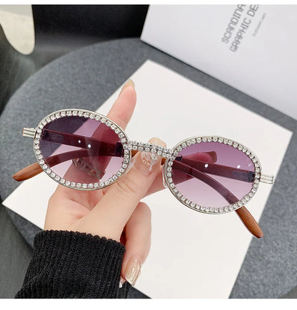 Oval Wooden Diamond Sunglasses – Luxury Vintage UV400 Shades