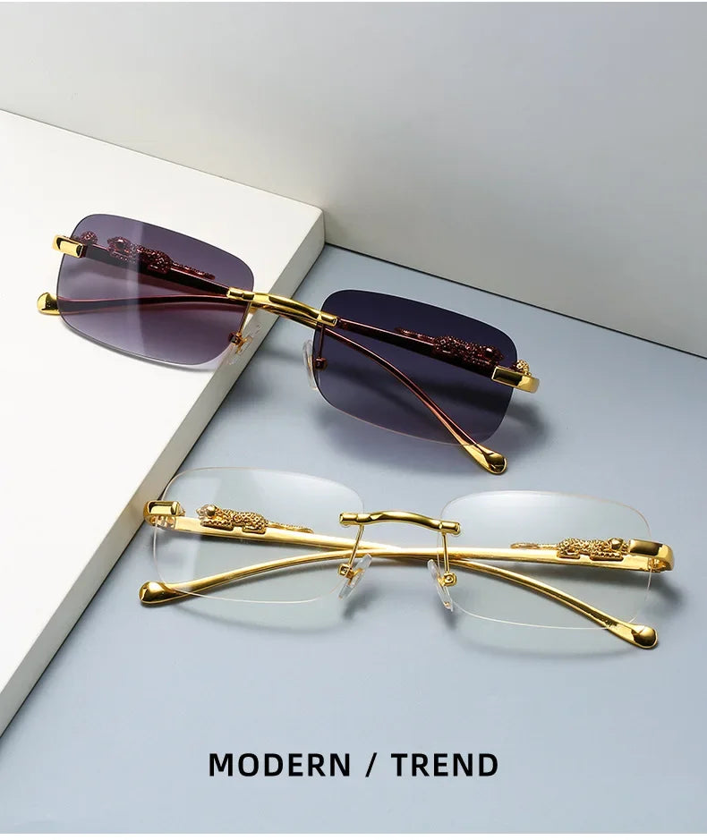 Rimless Leopard Head Sunglasses – Retro Rectangle Frameless Shades
