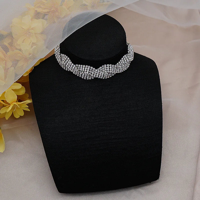 Silver Geometric Crystal Wavy Choker – Statement Party Necklace