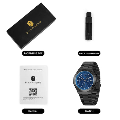 Montre homme SAPPHERO – Chronographe sport de luxe, mode et étanche, idéale en cadeau