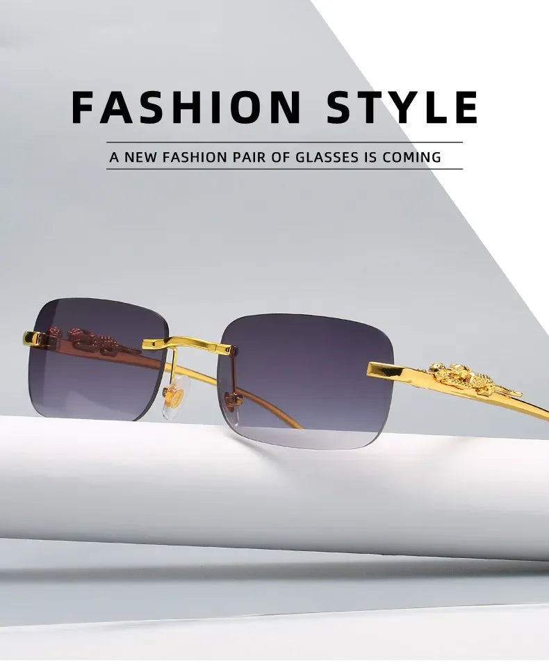 Rimless Leopard Head Sunglasses – Retro Rectangle Frameless Shades