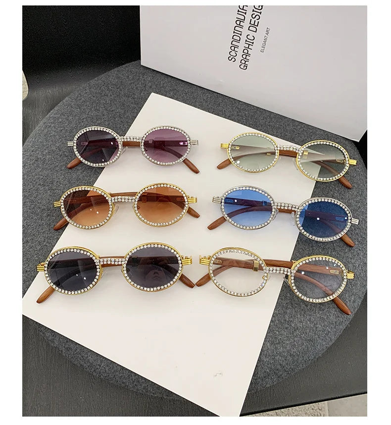 Oval Wooden Diamond Sunglasses – Luxury Vintage UV400 Shades
