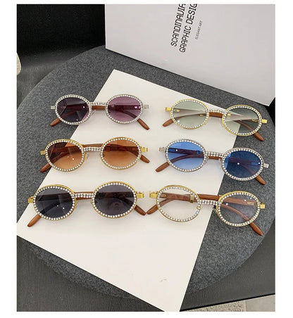 Oval Wooden Diamond Sunglasses – Luxury Vintage UV400 Shades