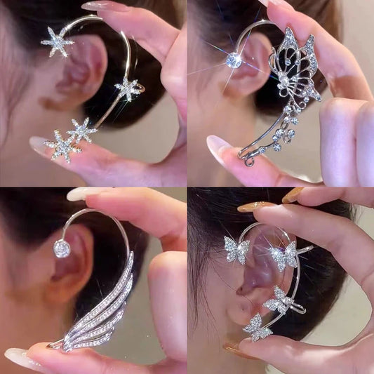 Wolexhany Star Butterfly Clip Earrings – Sparkling Crystal Tassel, No Piercing
