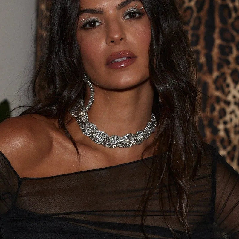 Silver Geometric Crystal Wavy Choker – Statement Party Necklace