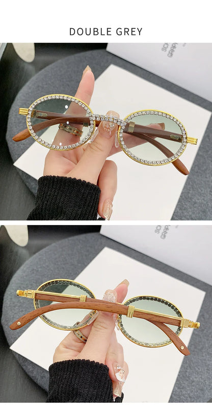 Oval Wooden Diamond Sunglasses – Luxury Vintage UV400 Shades