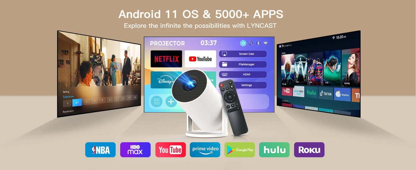 Mini Projector 720P HD, 4K Support Auto-Focus & Keystone, Android 11.0, WiFi 6, BT 5.4, 10,000+ Apps – Portable Home Theater