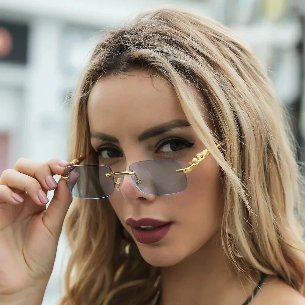 Rimless Leopard Head Sunglasses – Retro Rectangle Frameless Shades