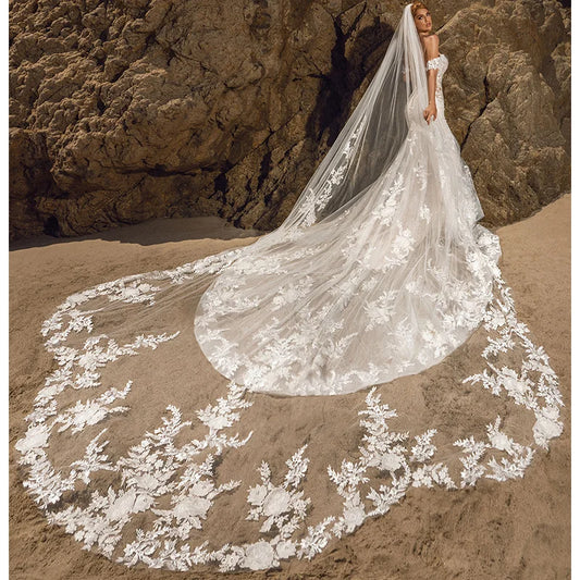 White Ivory Vintage Wedding Veil – 3M Long Soft Tulle Cathedral Veil with Comb, Sequins, and Lace – Bridal Accessories