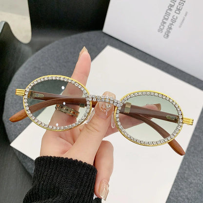 Oval Wooden Diamond Sunglasses – Luxury Vintage UV400 Shades